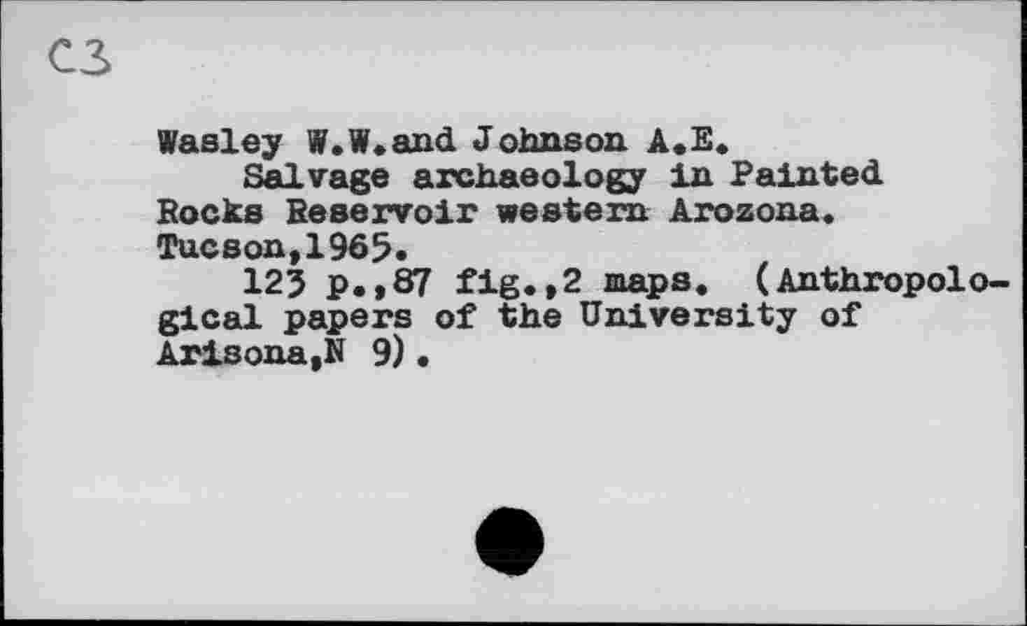 ﻿сз
Was ley W.W.and Johnson A.E.
Salvage archaeology in Painted. Bocks Reservoir western Arozona. Tucson,1965.
125 p.,87 fig.»2 maps. (Anthropological papers of the University of Arisona.N 9) •